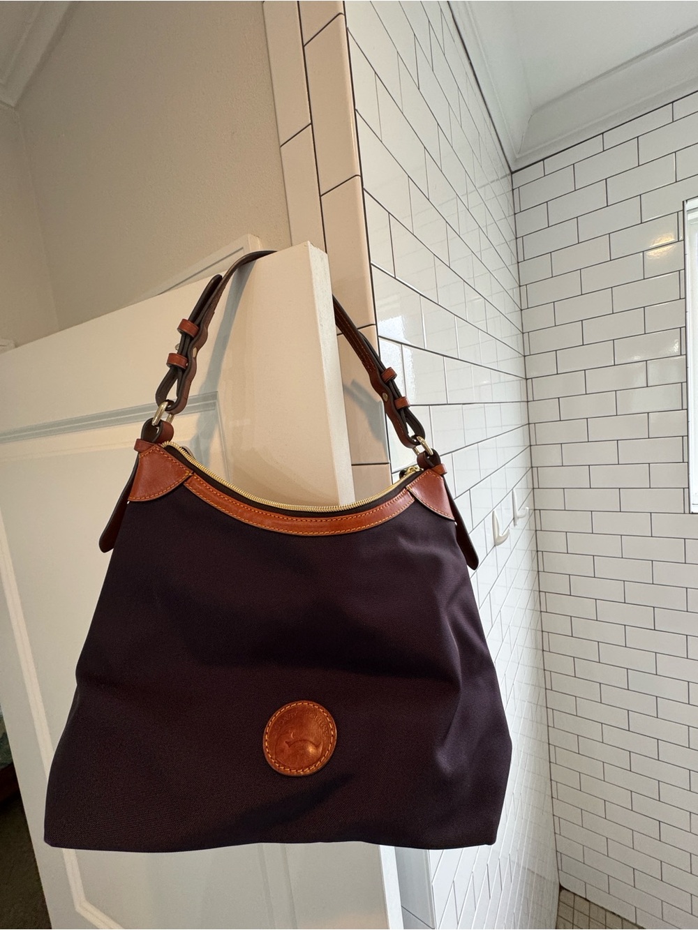Dooney & Bourke Navy Shoulder Bag with Brown Leather Trim
